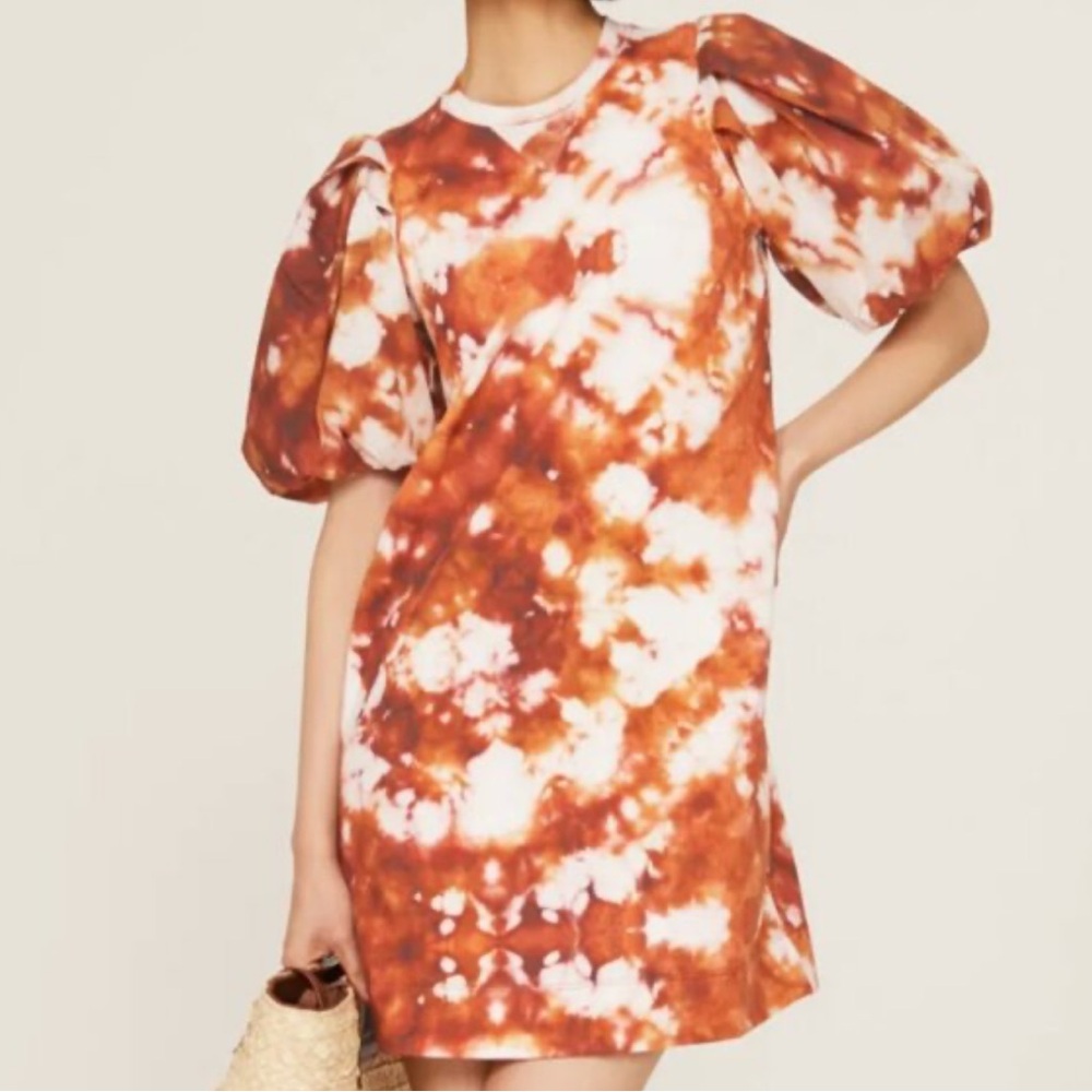 Marie Oliver Evie Dress Brown Shibori Tie Dye Brown Puff Sleeve Cotton Dress Sm